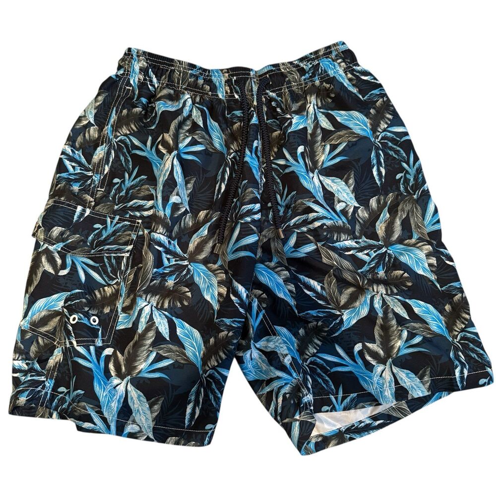 Six Islands Swim Trunks Mens XL Blue Black Tropical Leaf Cargo Pocket Drawstring